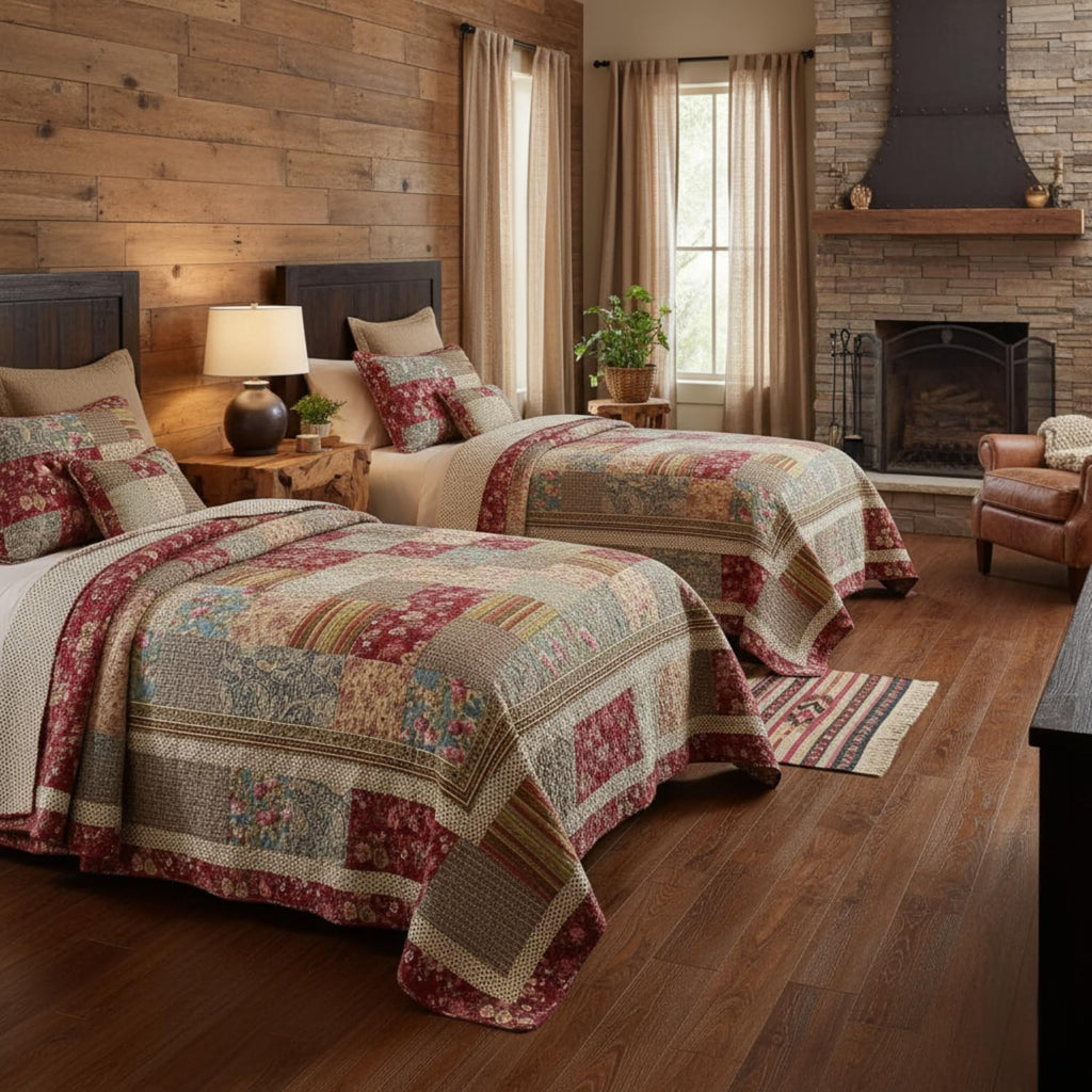 Tache Cotton Patchwork Country Farm Cottage Vintage Antique Ditsy Floral Paisley Burgundy Beige Lightweight Coverlet Fairy Tale Tea Party Quilt Set, Twin