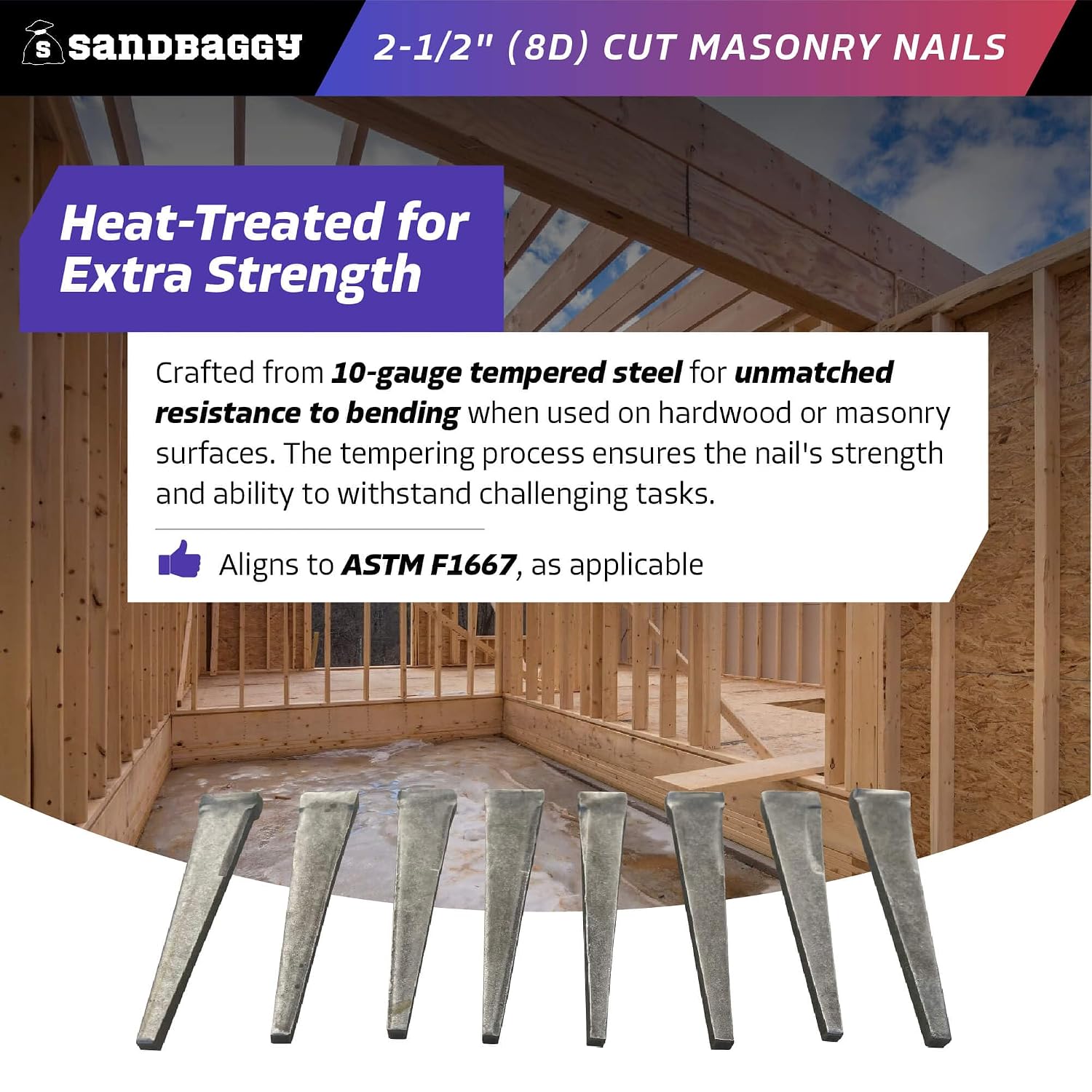 Sandbaggy 2-1/2 inch (8D) Square Cut Masonry Nails for Concrete, Brick, Mortar - 1/2' Wide Flat Heads - Construction, Cement, Brick Walls (1500)