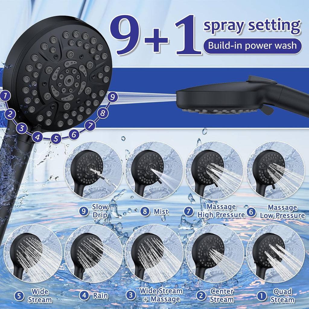 Iriber Mattle Black Bathtub Shower Faucet Set，Bathroom Shower System with Tub Spout ，Filtered Shower Head with Handheld, 9 Spray Mode Showerhead,Shower Valve Trim Kit Contain Cartridge,10 Inch