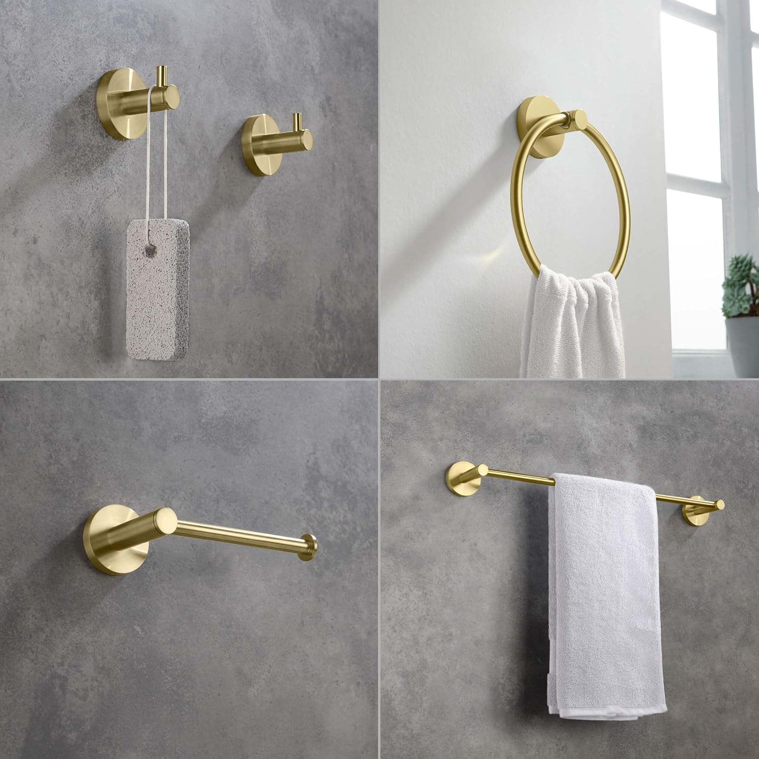 KIBI 5-Piece Bathroom Hardware Set – Wall Mounted Circular Bathroom Accessories Kit with 18 Inch Towel Bar, Towel Ring, Toilet Paper Holder & 2 Robe Hooks – Brushed Gold