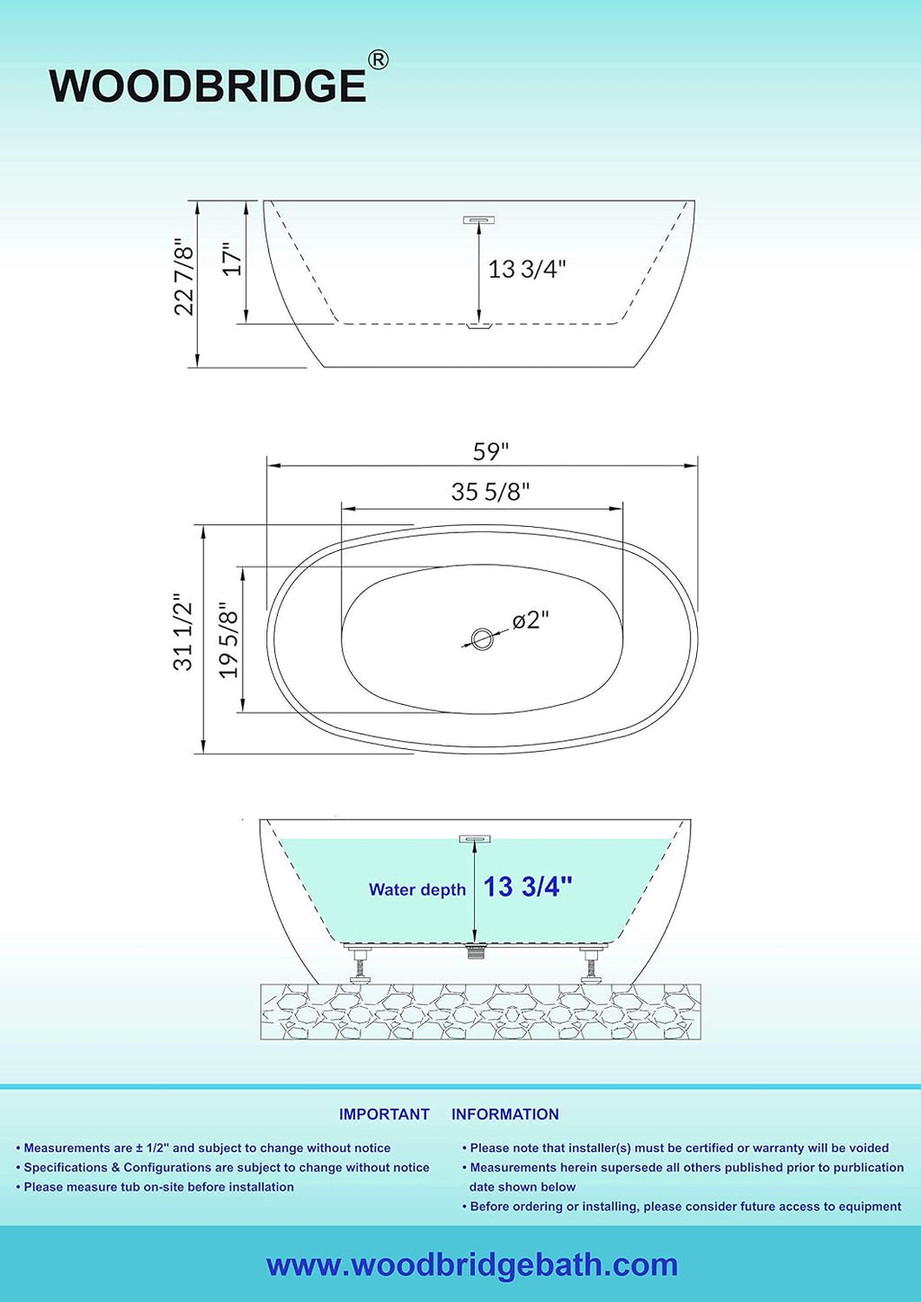 WOODBRIDGE 59' Acrylic Freestanding Bathtub Contemporary Soaking White Tub with Brushed Gold Overflow and Drain，BTA1518 -BG-Drain &O