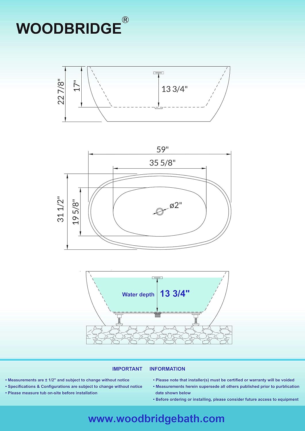 WOODBRIDGE 59' Acrylic Freestanding Bathtub Contemporary Soaking White Tub with Brushed Gold Overflow and Drain，BTA1518 -BG-Drain &O