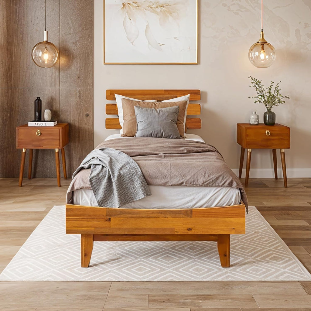 Bme Caden 15 Inch Bed Frame with Adjustable Headboard - Mid Century, Retro Style with Acacia Wood - No Box Spring Needed - 12 Strong Wood Slat Support - Easy Assembly - Caramel, Twin