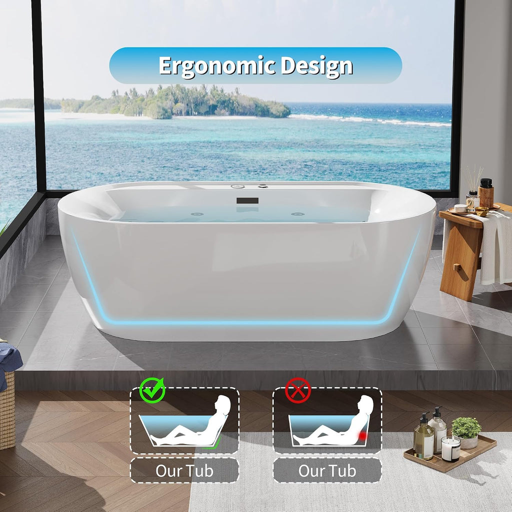 71 inch Whirlpool Freestanding Bathtub with Air Bubble & Hydro Massage – Heated Soaking Tub with Digital Control Panel, Glossy White Acrylic Spa Tub for Main Bathroom