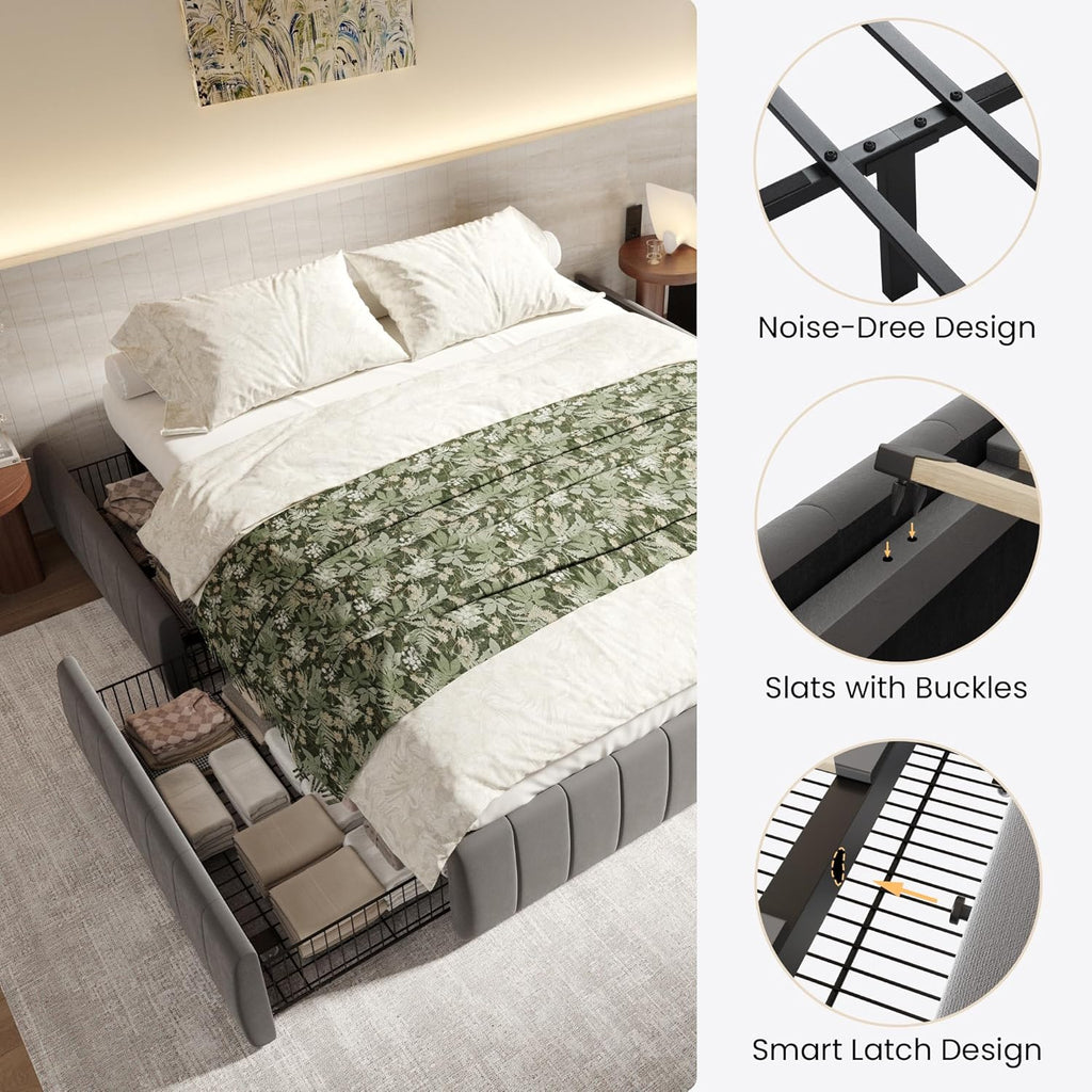 SHA CERLIN King Size Velvet Upholstered Platform Bed Frame with 4 Storage Drawers, Vertical Channel Tufted, Low Profile, Fits Standard Headboards, Wooden Slats Support, Easy Assembly, Grey