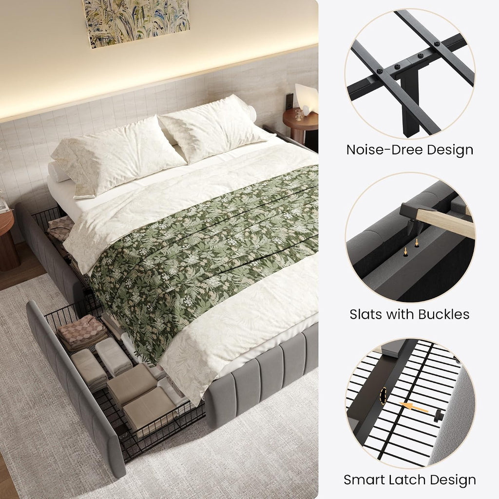 SHA CERLIN Full Size Velvet Upholstered Platform Bed Frame with 4 Storage Drawers, Vertical Channel Tufted, Low Profile, Fits Standard Headboards, Wooden Slats Support, Easy Assembly, Grey