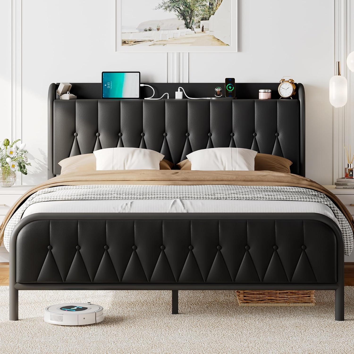 Leather Full Size Bed Frame with Fast Charging Station,Full Metal Platform Beds with Upholstered Headboard & Footboard,12' Underbed Storage Space,Easy Assembly,Noise-Free,Black