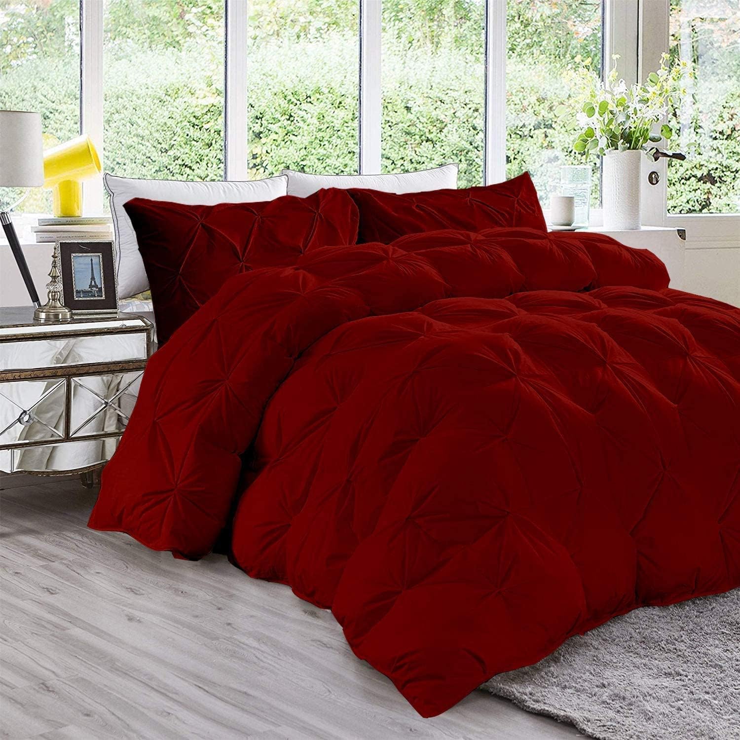 Pinch Pleated Burgundy 5 Piece Soft 500 GSM California Queen Size Comforter Set (Comforter + 4 Pillowcases) 1000 Series Egyptian Cotton Comforter Set