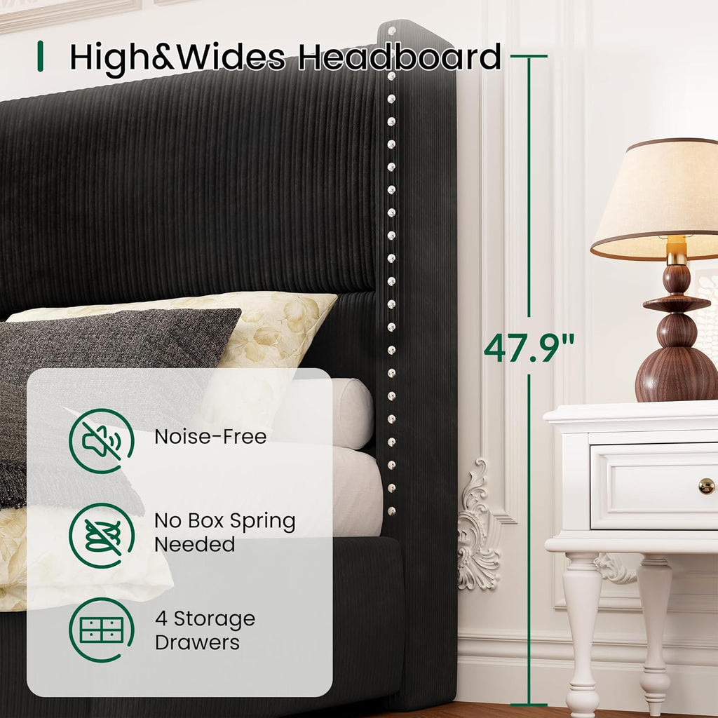 LARMACE Black Queen Bed Frame with Headboard Upholstered Platform Bed Frame Queen Size with 4 Storage Drawers Corduroy Bed Frame with Vertical Stripe,Solid Wood Leg/No Box Spring Needed/Noise Free