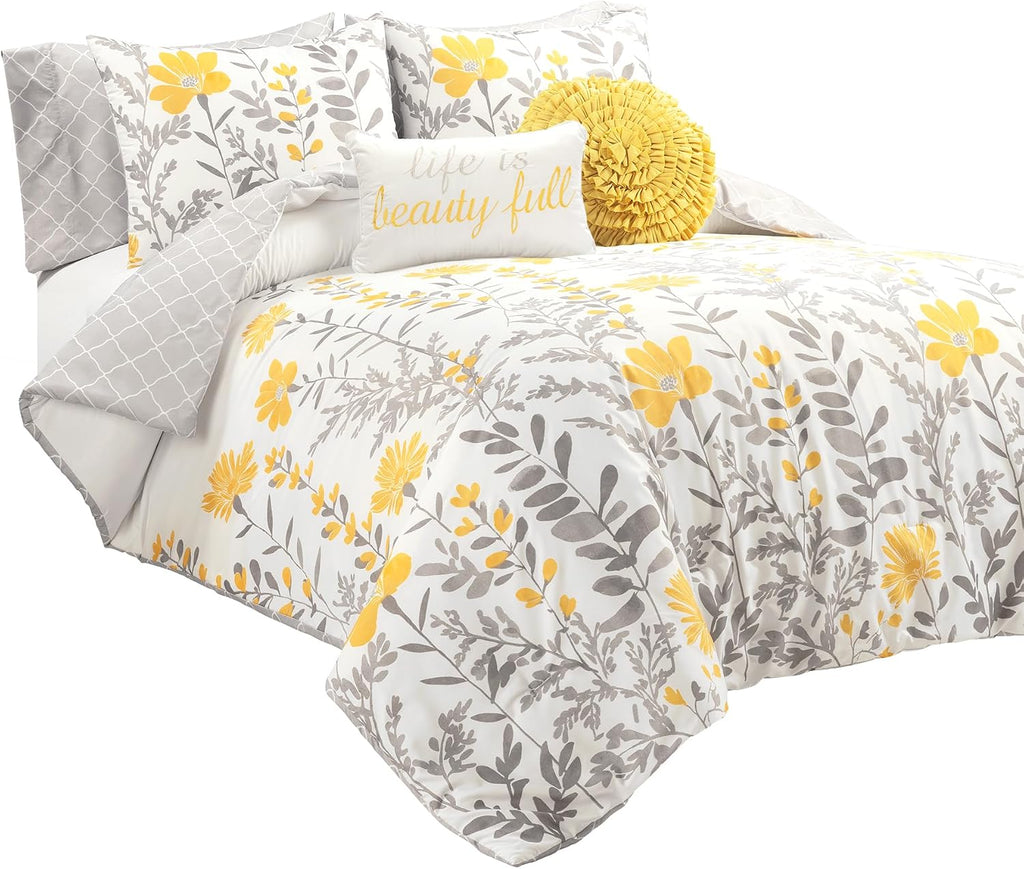 Lush Decor Aprile Soft Reversible Floral Comforter Set, 8 Piece Set, Queen, Yellow & Gray - Floral Bedding Set - Queen Sized Comforter Full - Yellow Bedding - Spring Home Decor - Cottage - Farmhouse