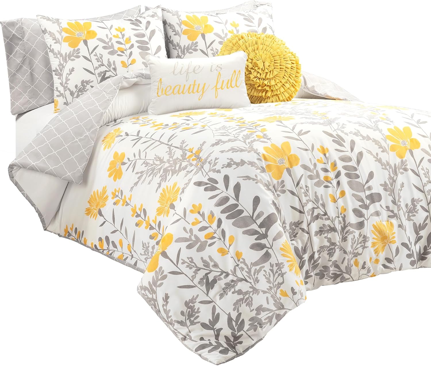 Lush Decor Aprile Soft Reversible Floral Comforter Set, 8 Piece Set, Queen, Yellow & Gray - Floral Bedding Set - Queen Sized Comforter Full - Yellow Bedding - Spring Home Decor - Cottage - Farmhouse