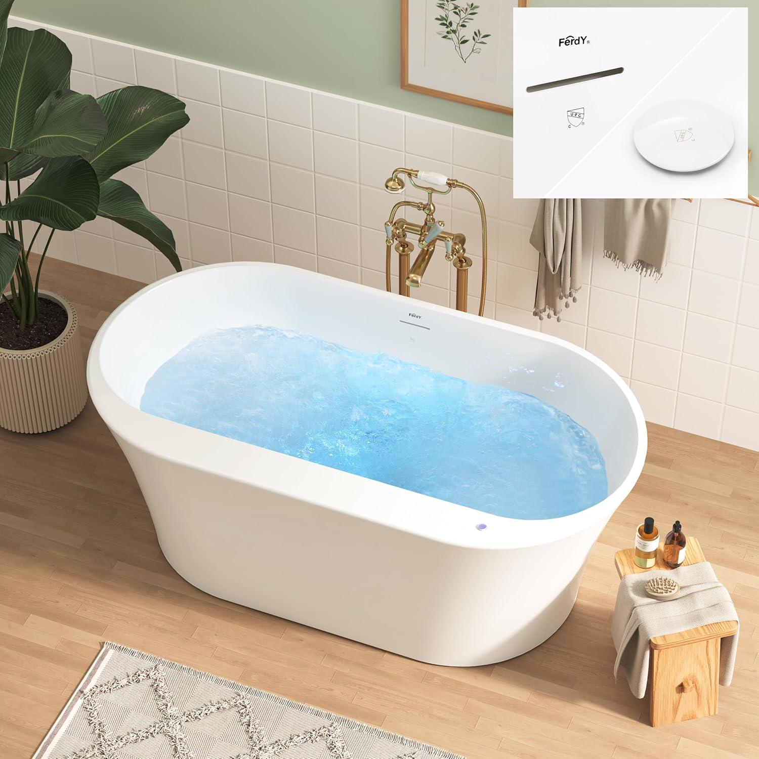 FerdY Mauritius 59 Inch Acrylic Freestanding Whirlpool Bathtub, Oval with 8 Air Water SPA Jets Morden White Stand Alone Jetted Tub, Luxury Acrylic Free Stand Deep Soaking Bath Tub