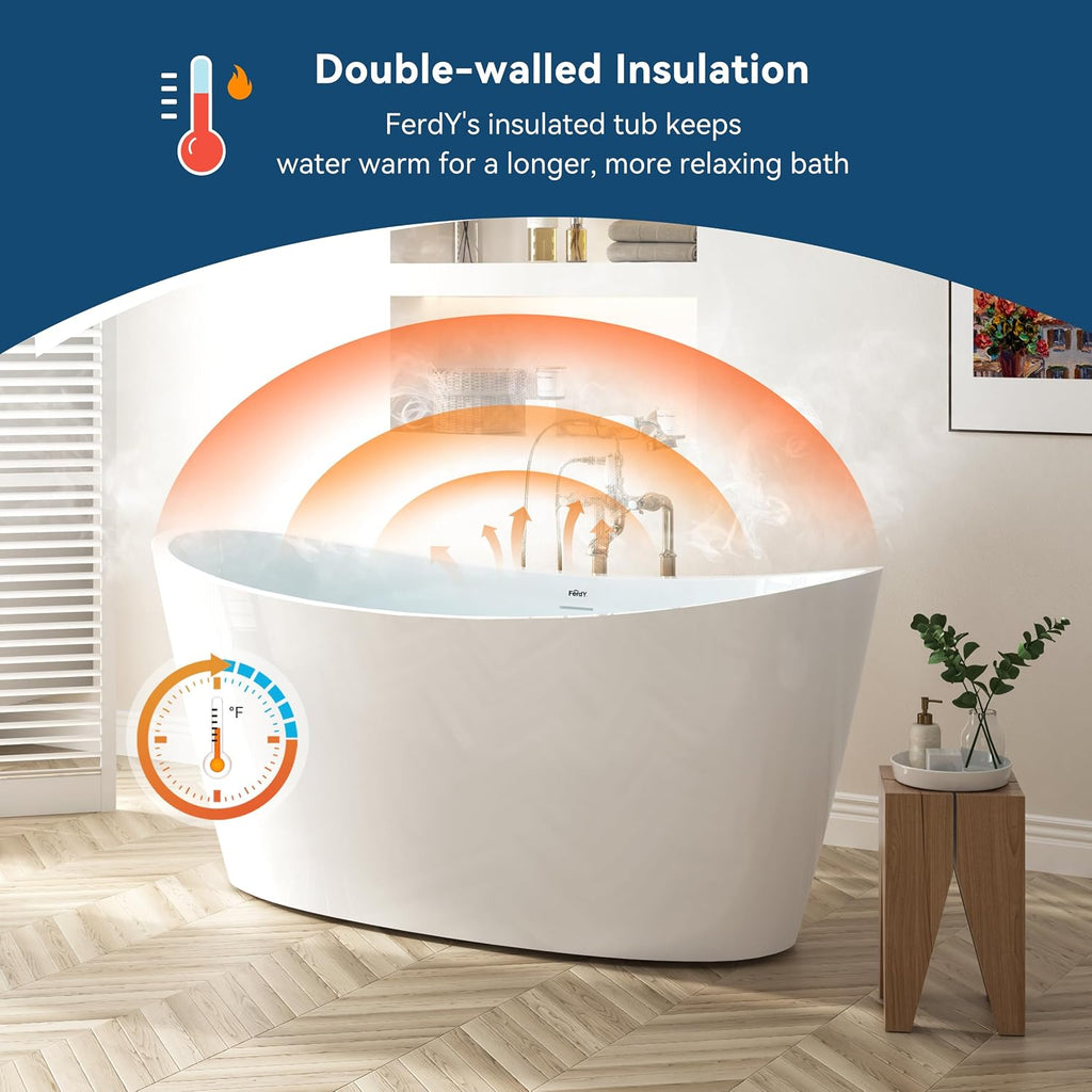 FerdY Naha Elite 59' Acrylic Freestanding Bathtub, Curve Edge Freestanding Soaking Bathtub, Glossy White, cUPC Certified, Matte Black Drain & Minimalist Linear Design Overflow Included