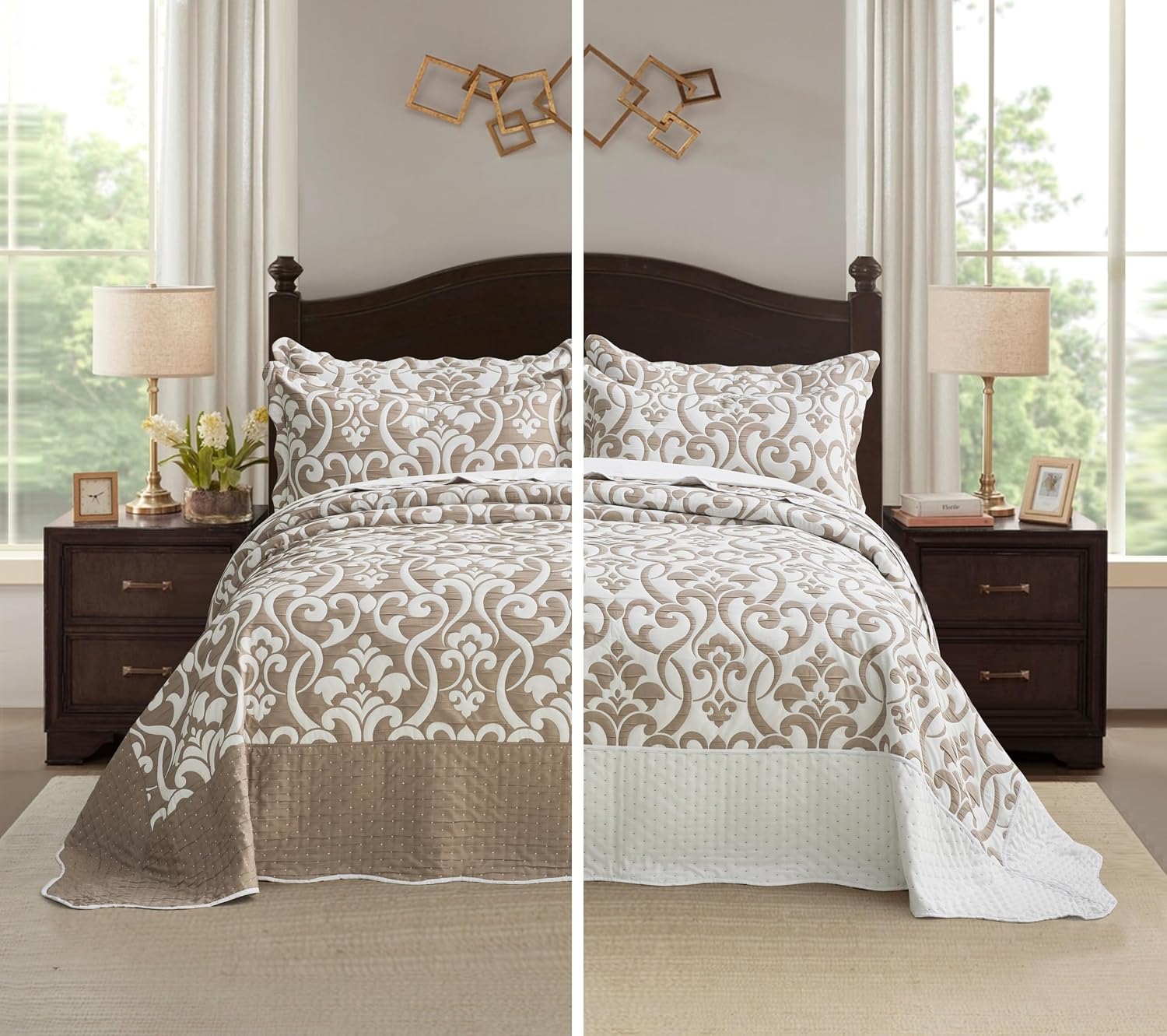 Chezmoi Collection Oversized Bedspread 138x122, Jacquard Matelasse Floral Damask Design, 5-Piece Lightweight Reversible Microfiber Coverlet Set Textured Dot Border, Alaskan King, Dark Gray/White