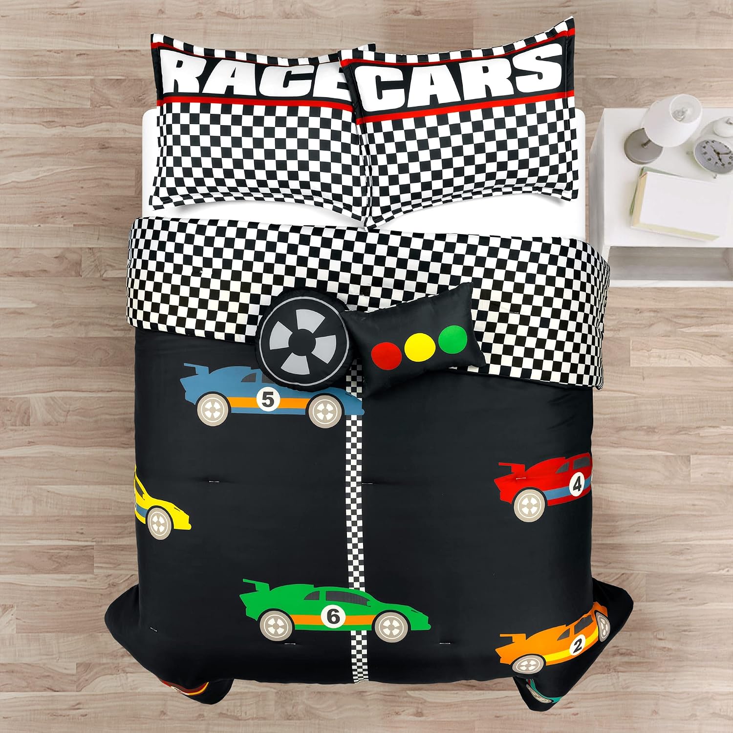 Lush Decor Racing Cars Reversible Comforter Queen Size 5 Piece Set Full/Queen Black & Multi - Kids Bedding Set Queen Comforter - Car Decor