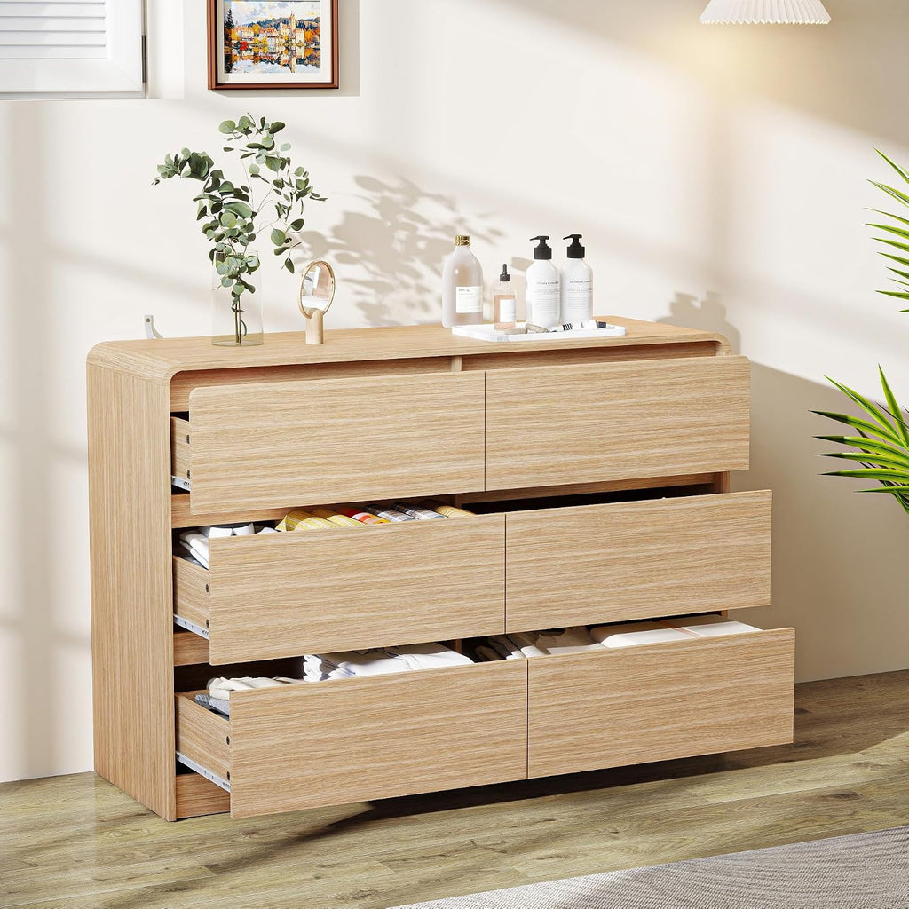 Vibe & Dine 6 Drawer Dresser, Modern Wooden Dressers & Chests of Drawers with Arc Edge Design, 47' Wide Dresser for Closet, Entryway, Bedroom, Natural Wood