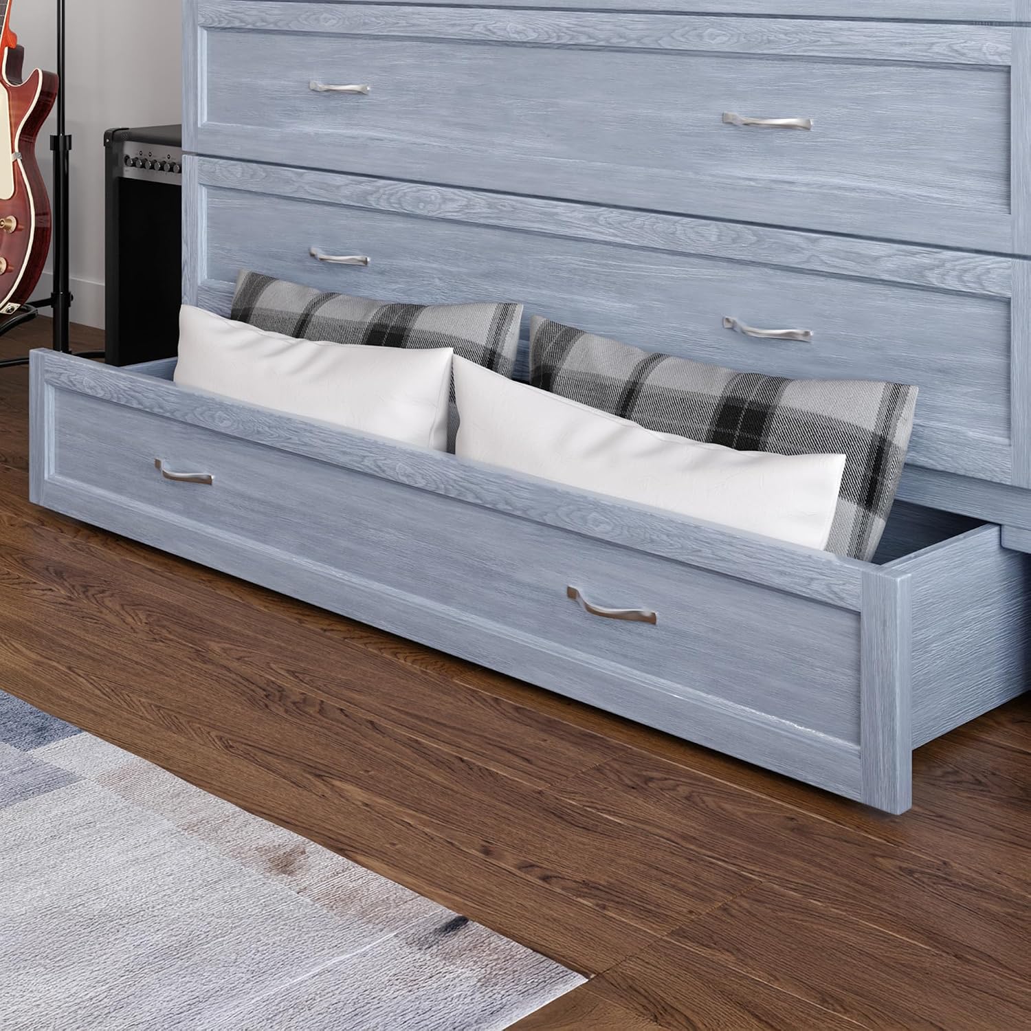 AFI, Northfield Murphy Bed Chest Queen with 6' Mattress, Storage Drawer & Built-in USB Charger, Driftwood