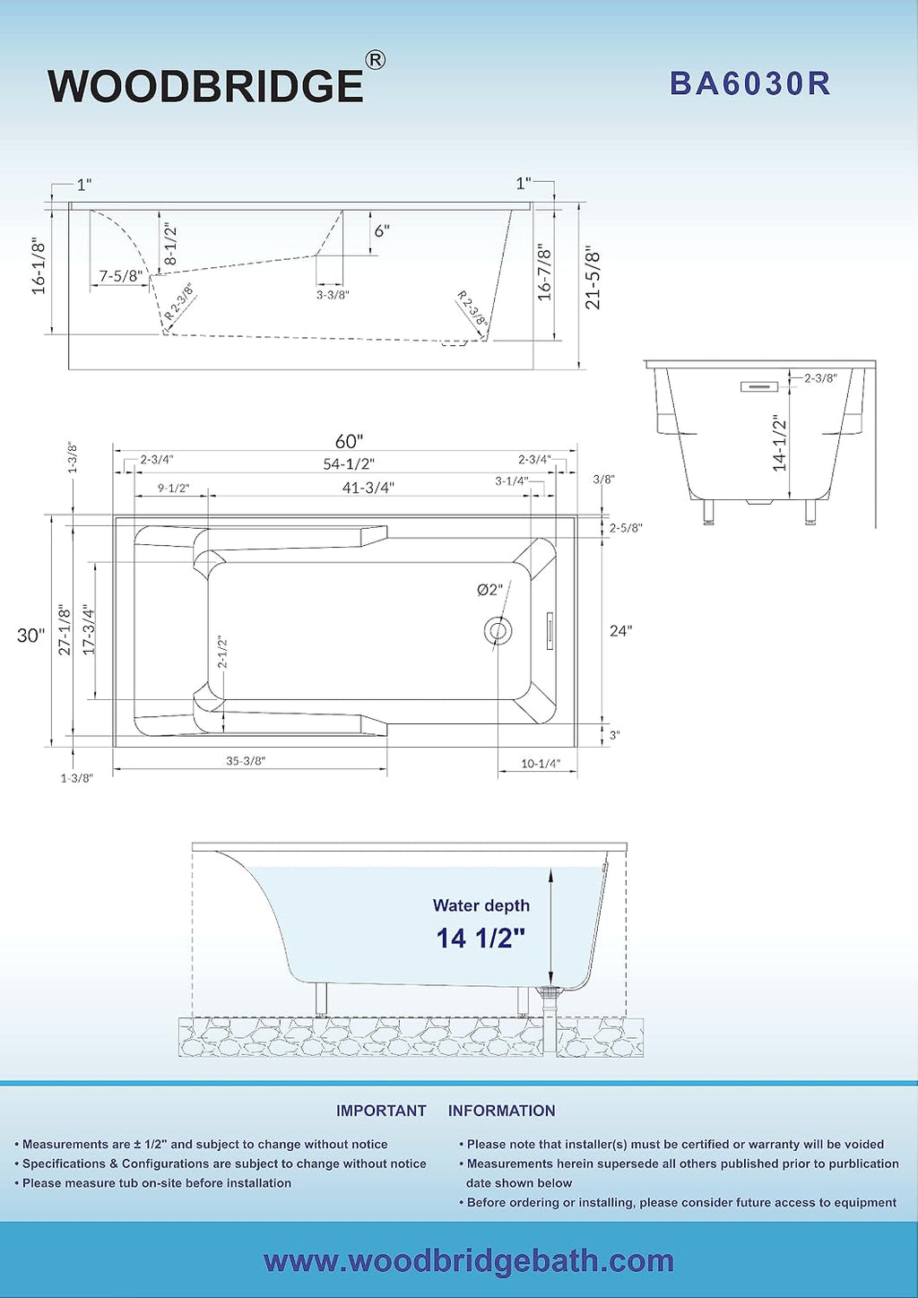 WOODBRIDGE 60' Acrylic Rectangular Alcove Soaking Bathtub in White with Right Drain, Oil Rubbed Bronze pop-UP Drain Included BA6030R