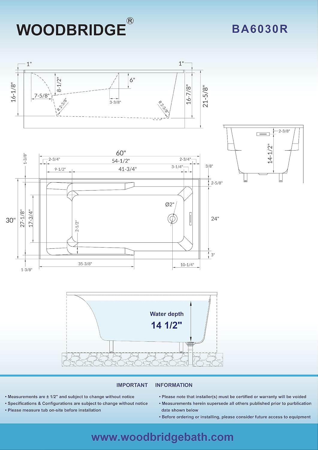 WOODBRIDGE 60' Acrylic Rectangular Alcove Soaking Bathtub in White with Right Drain, Brushed Nickel Pop-Up Drain Included BA6030R