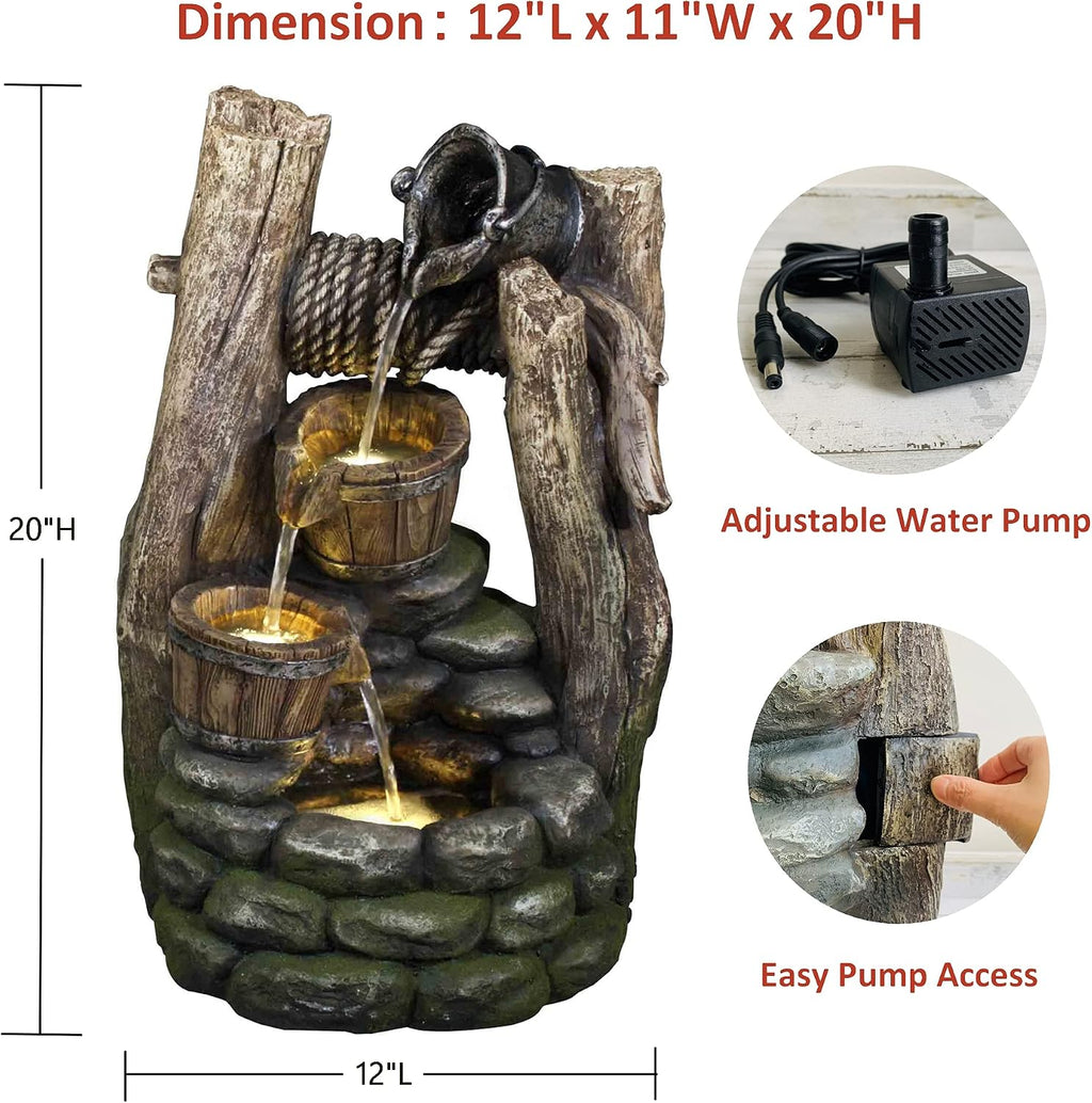Litedeer Mystic Vintage Buckets Water Fountain with Auto-Pump and Built-in LED Lights 3 Tier Cascading Fountain Indoor Water Fountain Floor Fountain (Model: DGF-161140) 20' Tall Gray