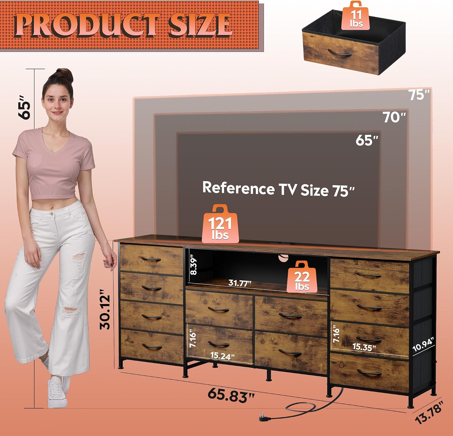 WLIVE 12 Drawer Dresser for Bedroom, Dresser TV Stand for 65, 70, 75 inch TV with Led Lights & Charging Station, Wide Chest of Drawers with Open Shelves, Fabric Dressers for Living Room, Rustic Brown