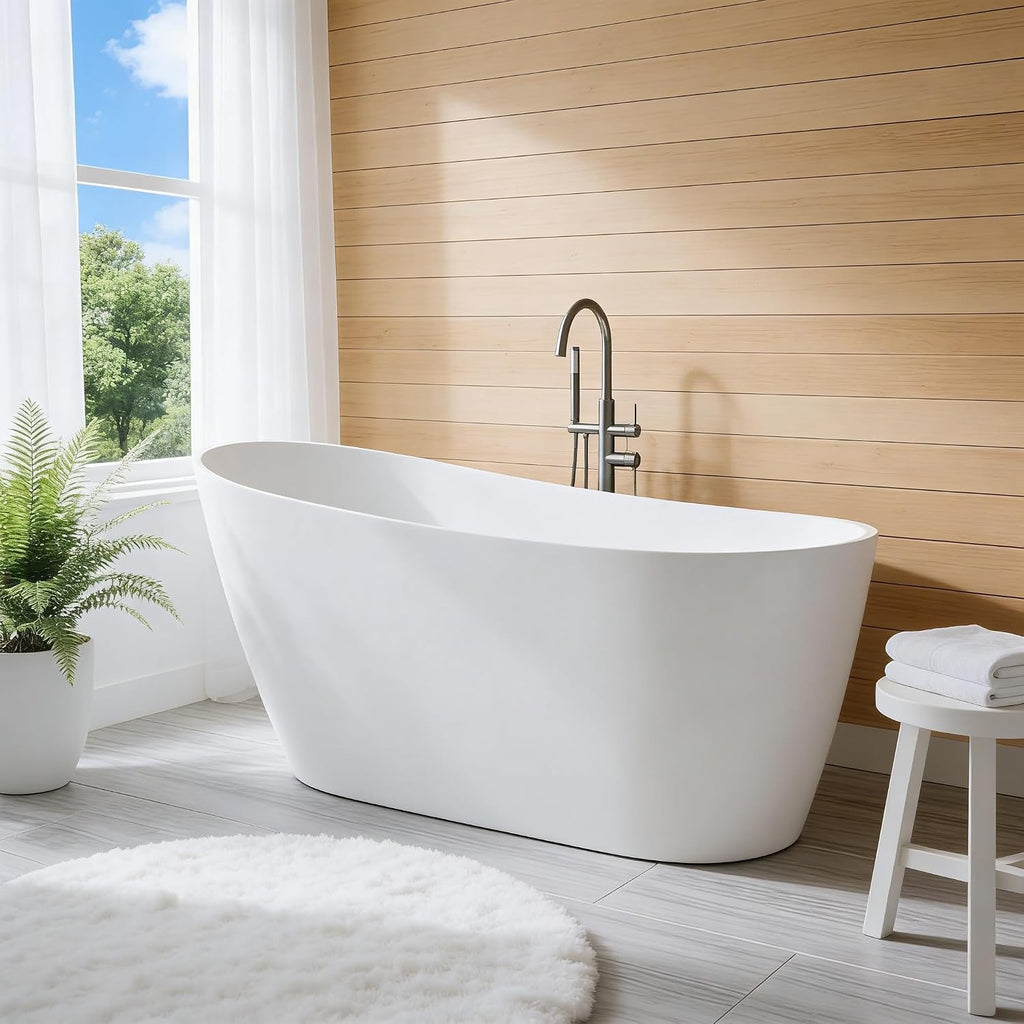 67 Inch Acrylic Freestanding Bathtub, Deep Soaking Tub with Non-Slip Base, cUPC Certified Free Standing Modern Bath Tub with Chrome Drain, Easy-Clean White Soaking Tub for Bathroom, Home Spa