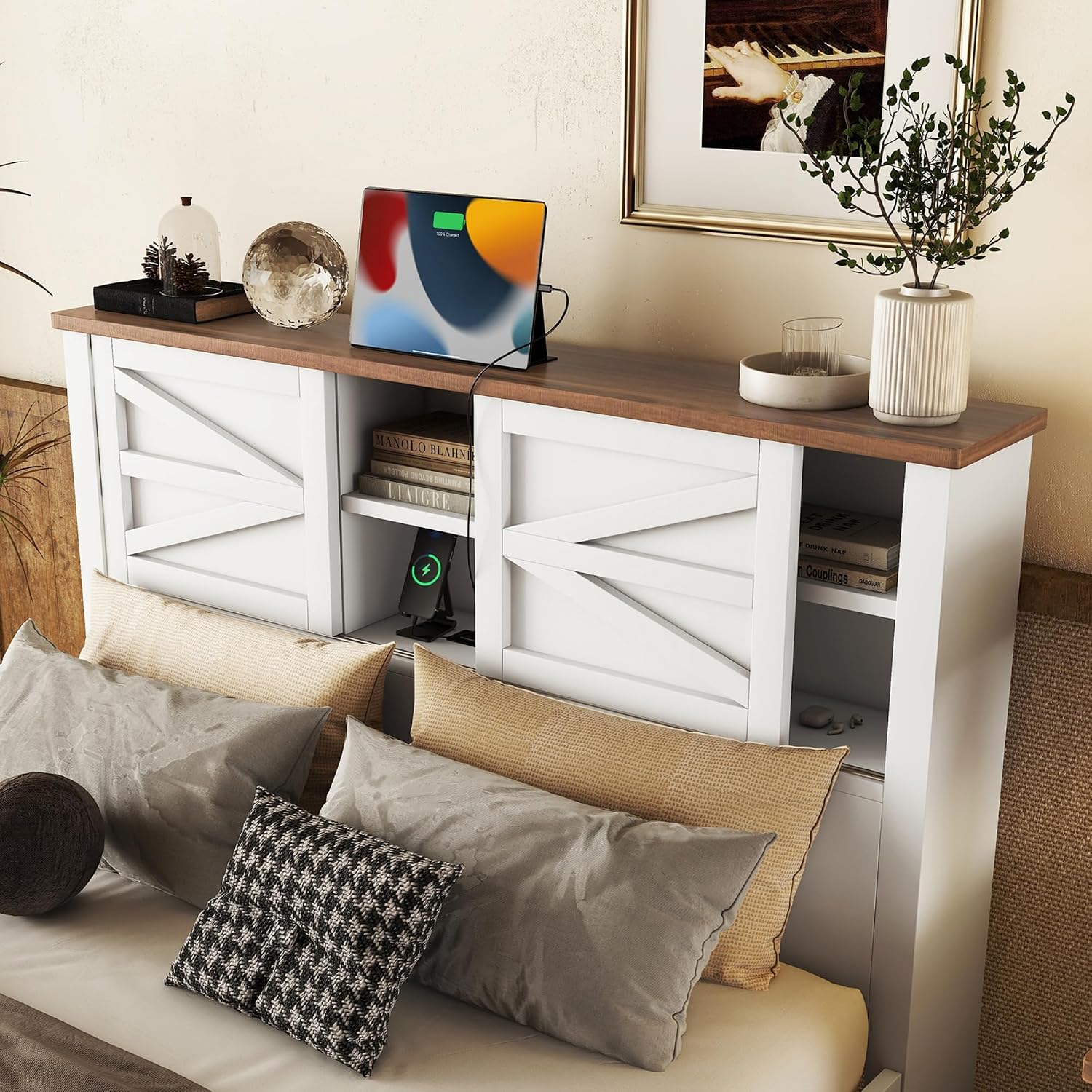 3-Pieces Bedroom Sets, Queen Size Farmhouse Platform Bed with Cabinet and Nightstand, Wood Bedroom Furniture Set with Storage Headboard, No Box Spring Needed (White+Brown/78)