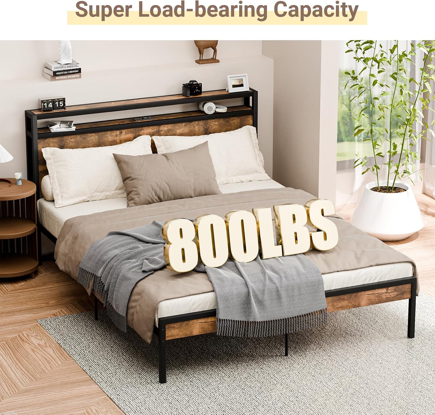 Zevemomo Queen Size Bed Frame with Headboard, Headboard with Charging Station, 2 USB Port & 2 AC Power Outlet, Queen Metal Platfrom Bed Frames No Box Spring Needed, Sturdy & Assembly, Brown