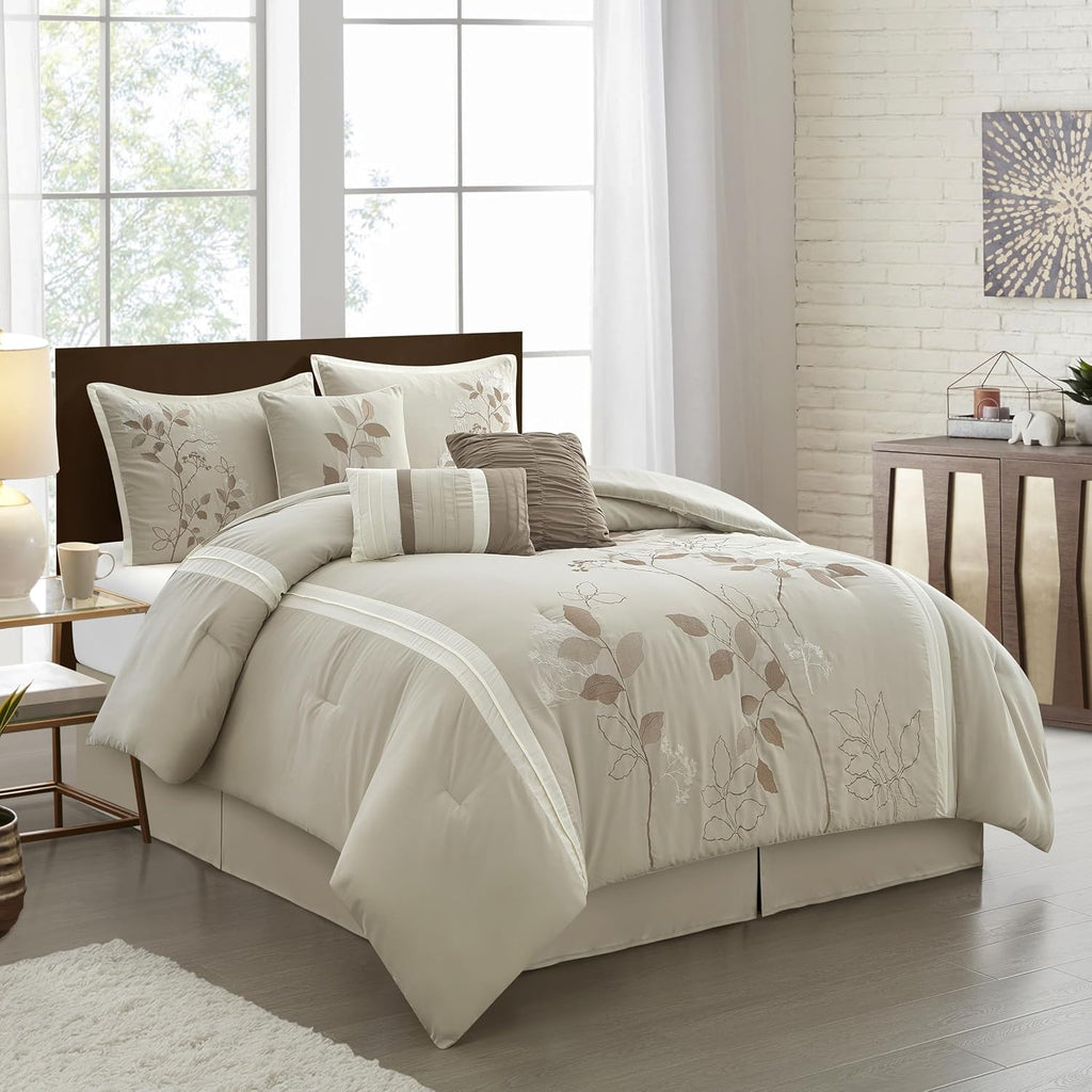 Grand Avenue Beige Comforter Set King Size, 7 Piece Embroidery Bedding Set, Pillow Sham, Bedskirt, Decorative Pillow, Floral Comforters, Home Decor