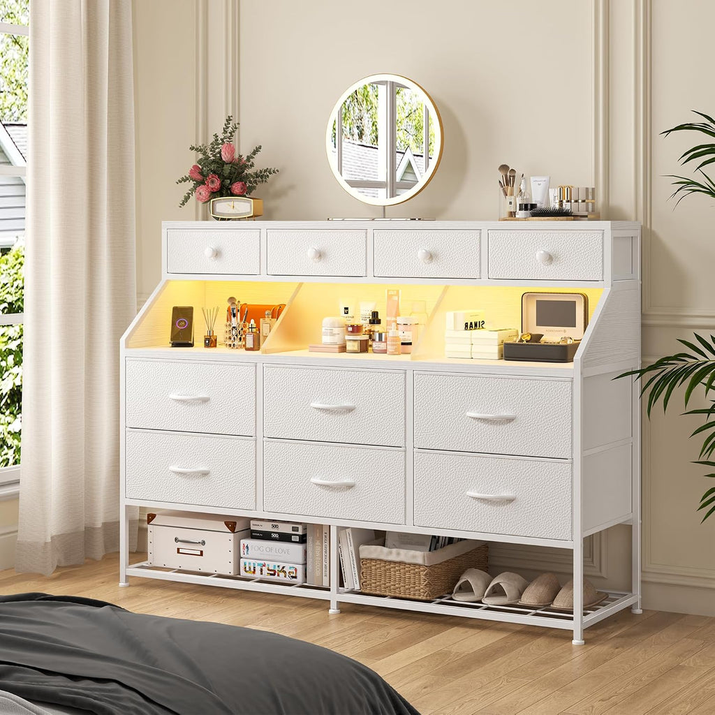 EnHomee Dresser for Bedroom with 10 Drawers & Shoe Rack Fabric Dressers & Chests of Drawers with LED Lights and Power Outlets Bedroom Dresser for Entryway, Hallway(White)