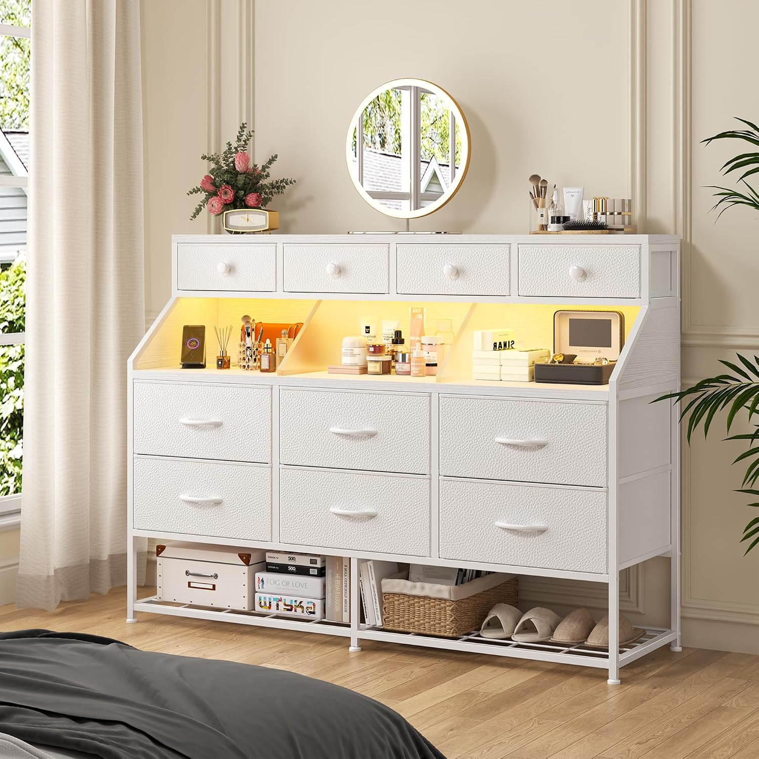 EnHomee Dresser for Bedroom with 10 Drawers & Shoe Rack Fabric Dressers & Chests of Drawers with LED Lights and Power Outlets Bedroom Dresser for Entryway, Hallway(White)