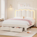 Queen Upholstered LED Bed Frame with 2 Storage Drawers and Adjustable Chic Double Wavy Headboard, Velvet Princess Platform Bed with Charing Station, Solid Wood Slats Support,No Box Spring Needed,Beige