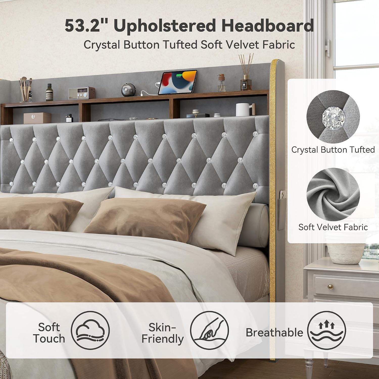 Torana Full LED Bed Frame with 2 Drawers, 53' Tall Platform Beds with Galaxy Star Projector Charging Station, Velvet Upholstered Diamond Tufted Aurora Bedframe with Storage Headboard, Grey