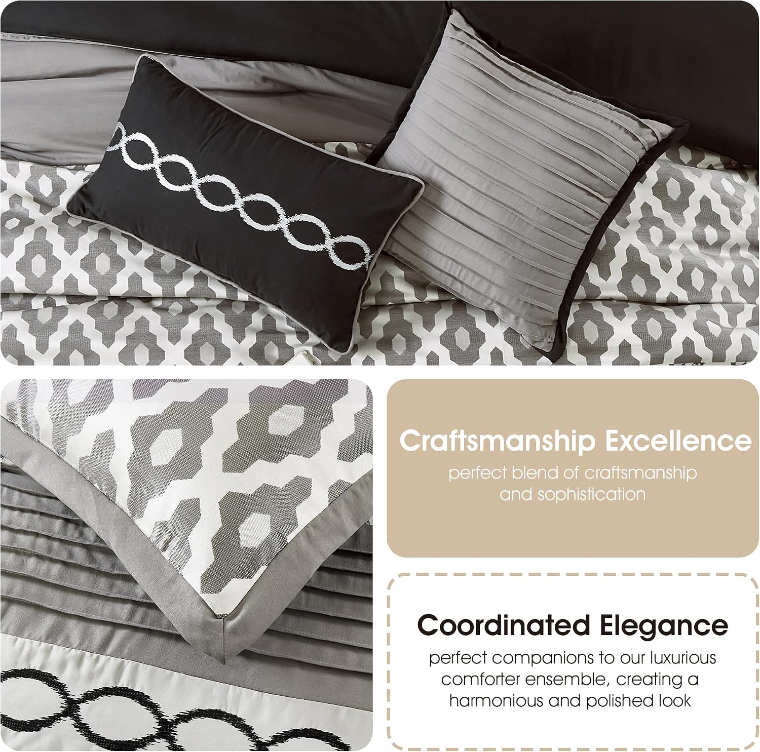 Stratford Park Geometirc California King Black Comforter Set, 10 Piece, Jacquard Bedding Comforters & Sets, Bedskirt, Pillows & Shams, Ultra-Soft