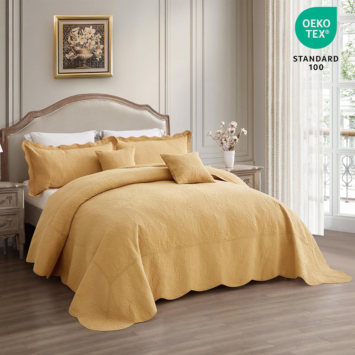 Oversized King Bedspread Cotton 128x120 Extra Wide, Reversible Paisley Pattern Design, Lightweight Bedding Cover, 5 Piece Set, Honey Gold