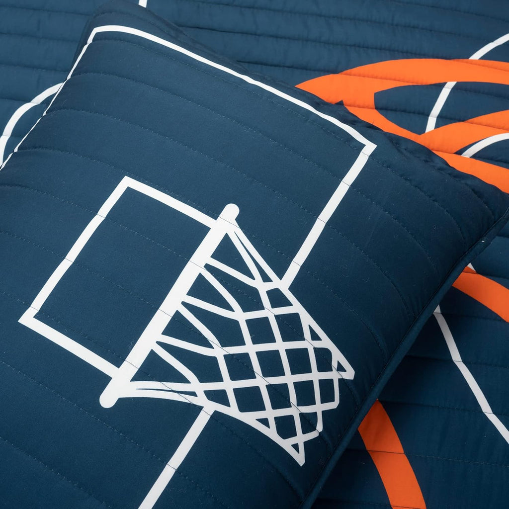 Lush Decor Basketball Game Reversible Quilt Queen Size 5 Piece Set, Full/Queen Navy - Kids Bedding Set - Queen Size Quilt - Sports Décor