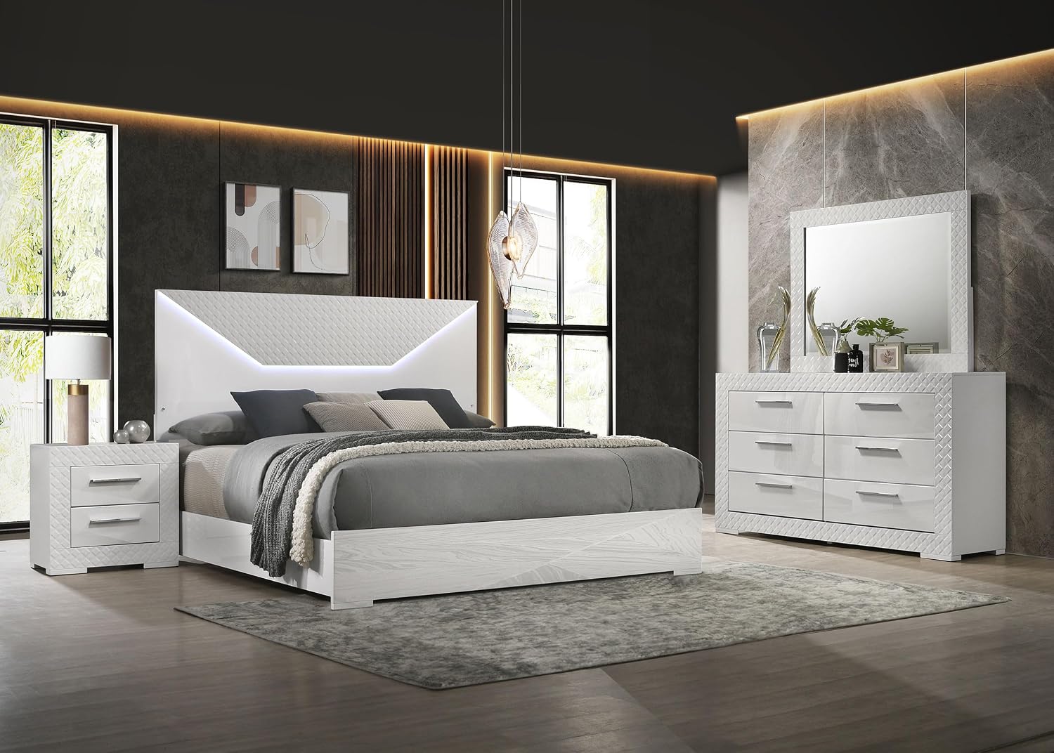 Coaster Home Furnishings Ives Contemporary 4-Piece Bedroom Set Queen Size LED Panel Bed Frame 57-inch Headboard White High Gloss 224941Q-S4
