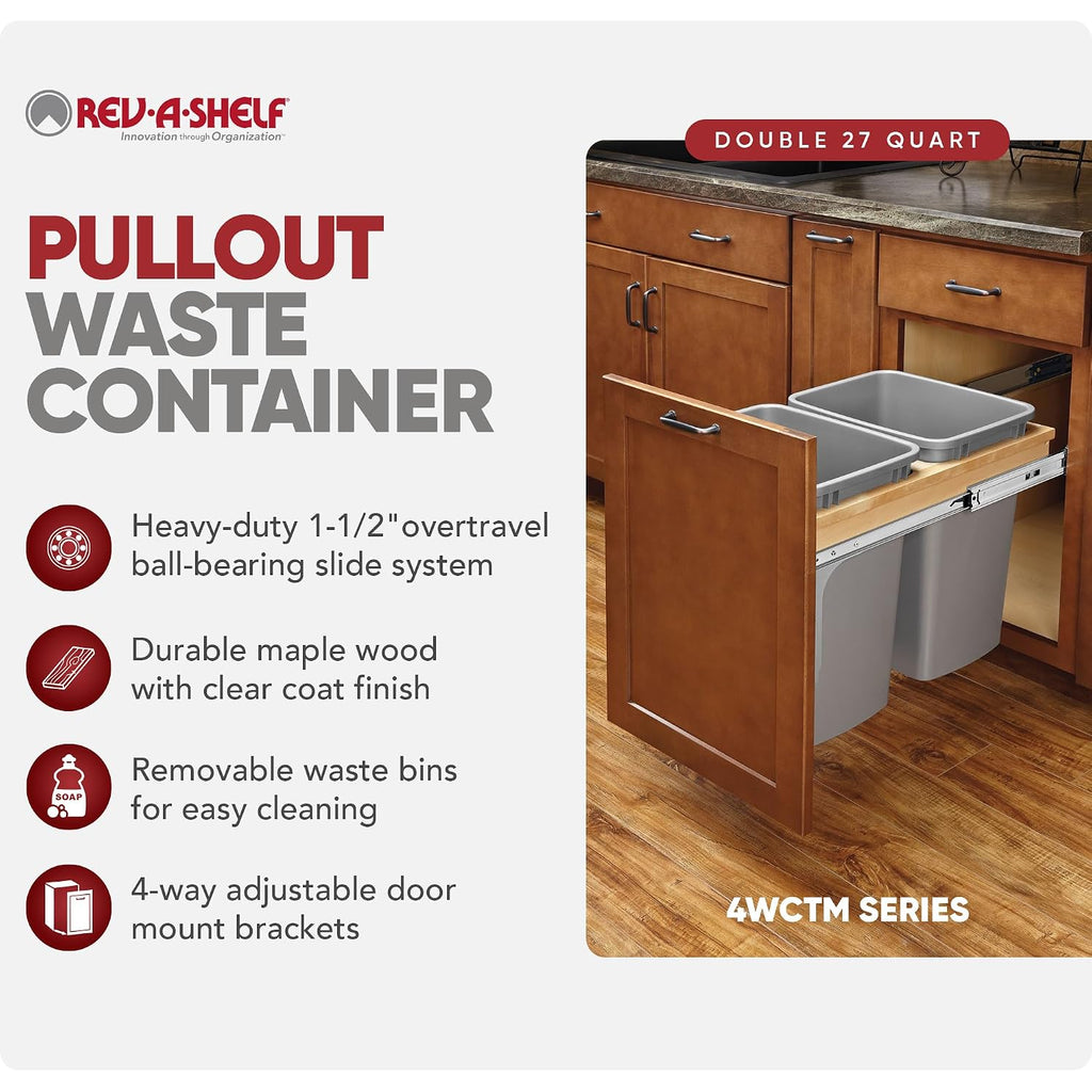 Rev-A-Shelf 27 Qt Top Mount Double Pullout Under Cabinet Kitchen Trash Cans w/Soft-Close for Base Cabinets, 150 Pound Rated Full-Extension Slides, Min Opening Width of 12', Silver, 4WCTM-15BBSCDM2
