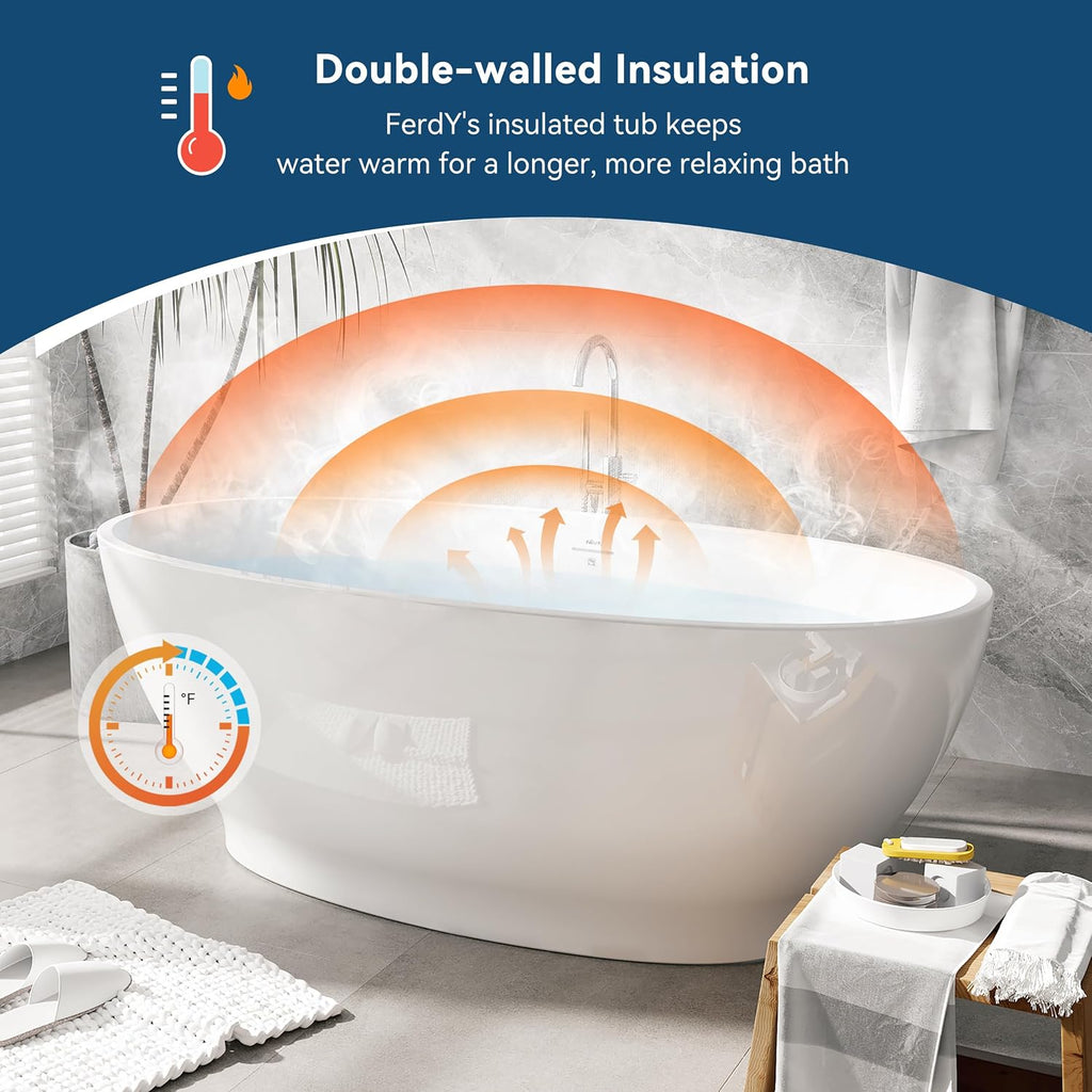 FerdY Koh Samui 65' Freestanding Bathtub, Elegant Oval Shape, Double Walled Insulation Bathtub with Center Matte Black Drain & Minimalist Linear Design Overflow