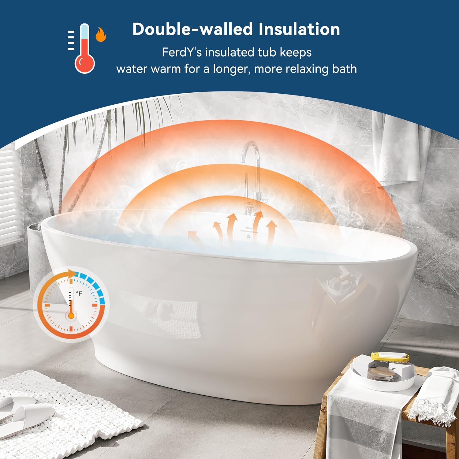 FerdY Koh Samui 65' Freestanding Bathtub, Elegant Oval Shape, Double Walled Insulation Bathtub with Center Matte Black Drain & Minimalist Linear Design Overflow