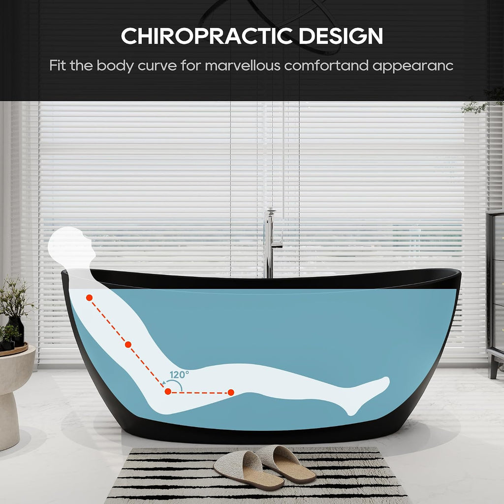 SJ STAR&JANE 65' Solid Surface Freestanding Bathtub Stone Resin Soaking Tub Matte Black Double Slippers Stand Alone Oval Tub with Pop-up Drain and Overflow for Bathroom