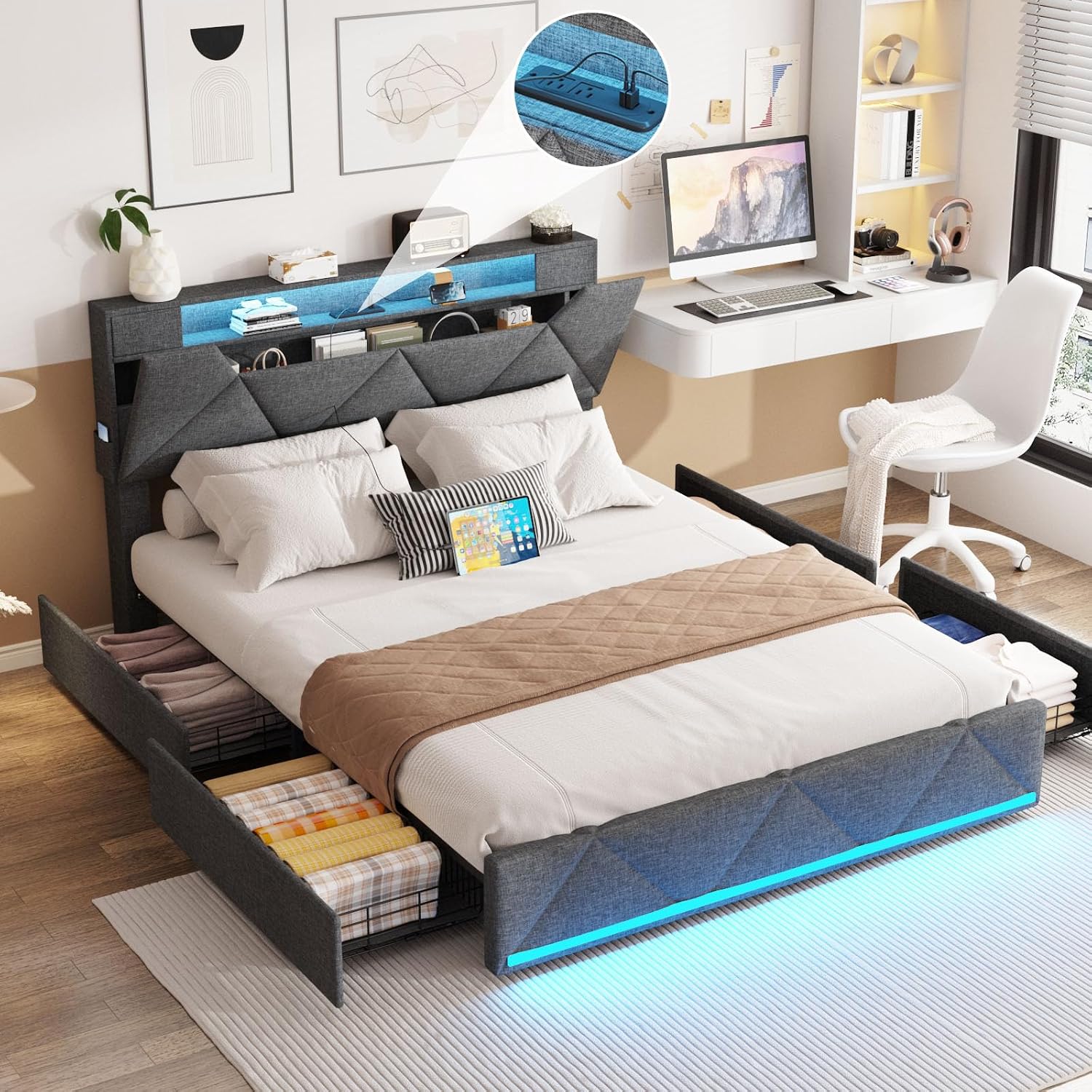 Vabches Queen Bed Frame with Storage Headboard and 4 Drawers,Upholstered Platform with Charging Station and Led Lights,Adjustable Headboard,No Box Spring Needed,Dark Grey