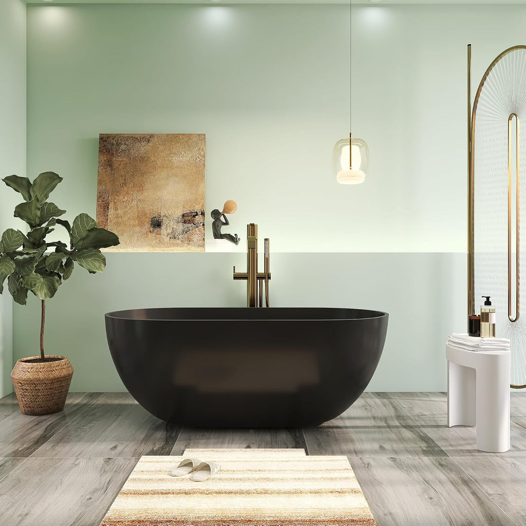59' Premium Matte Black Solid Surface Freestanding Bathtub, Modern Design Stone Resin Bath Tub with Overflow and Pop-up Drain