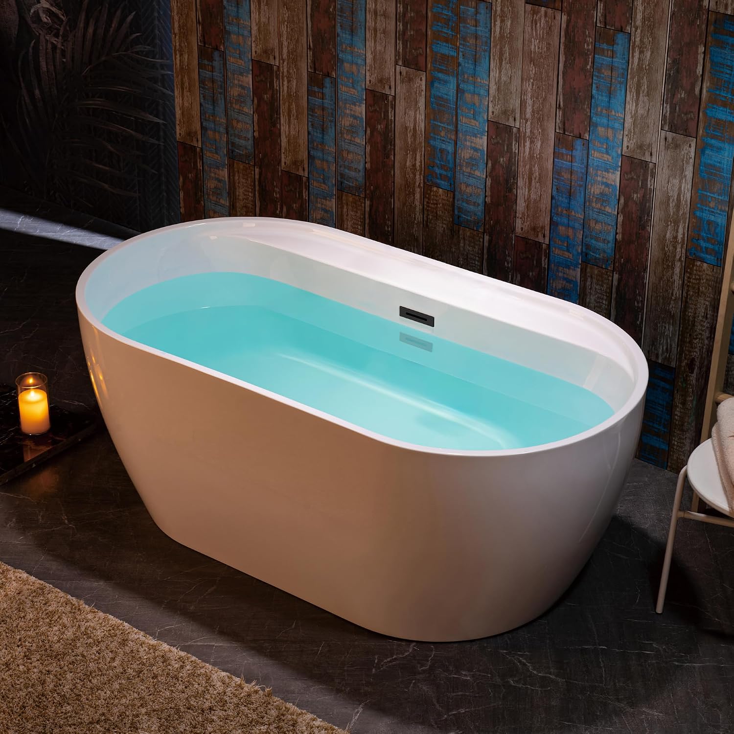 WOODBRIDGE 59' Acrylic Freestanding Bathtub Contemporary Soaking White Tub with Matte Black Overflow and Drain,White,B0064 MB