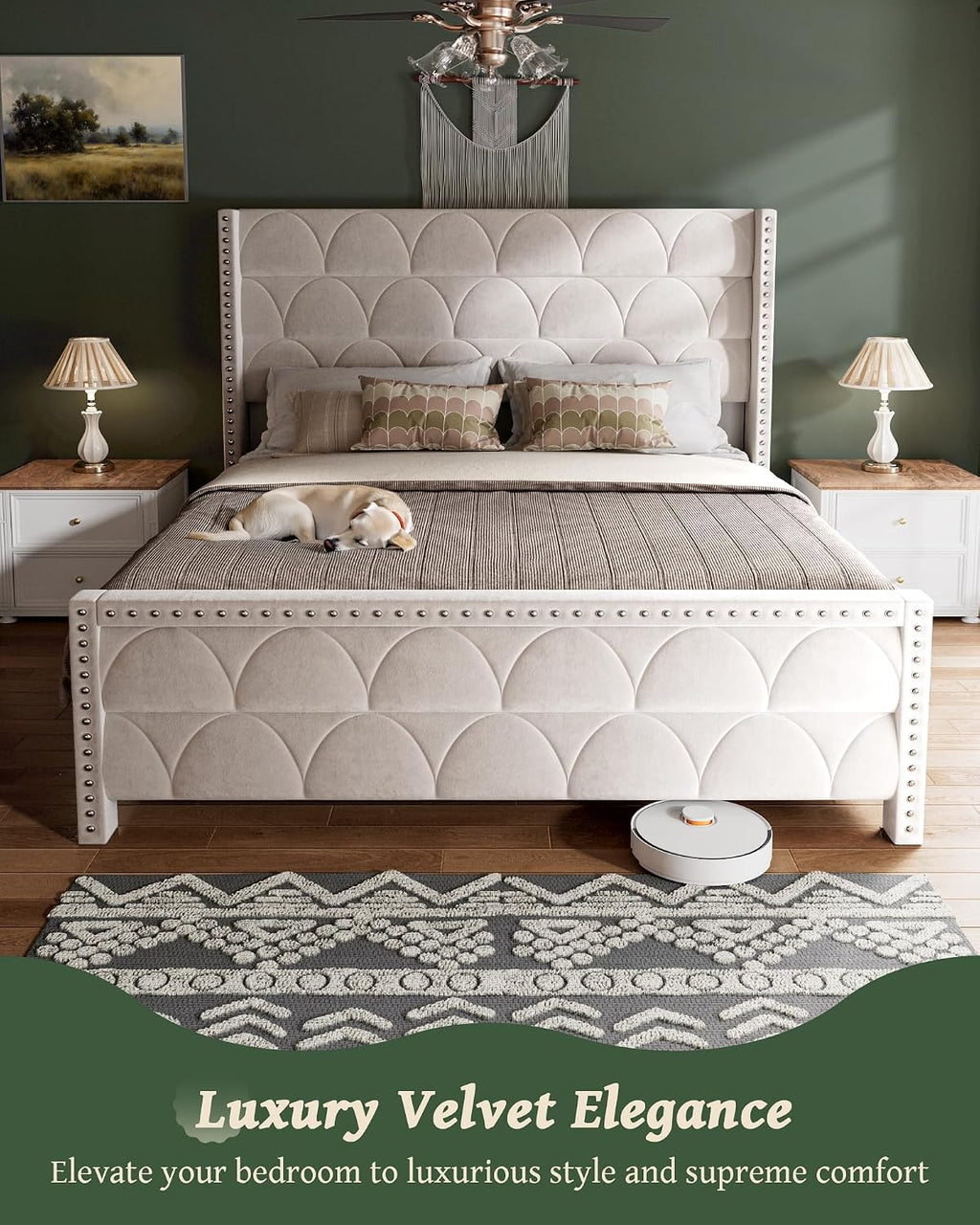 OHOHOLIVE King Size Bed Frame with 56' Headboard - Velvet Upholstered Wingback Platform Bed Frame, Noise Free, Sturdy Wooden Slat Support (Cream, King)
