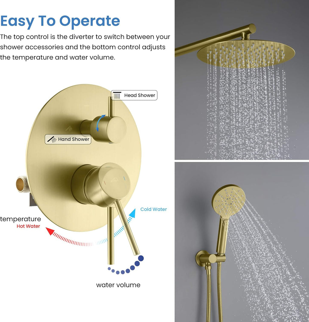 KIBI Circular Bathroom Shower System | 2-Function Wall Mounted Shower Faucet Set | Solid Brass Pressure Balanced Valve Construction | Durable and Leak-Free | Brushed Gold Finish (KSF403)