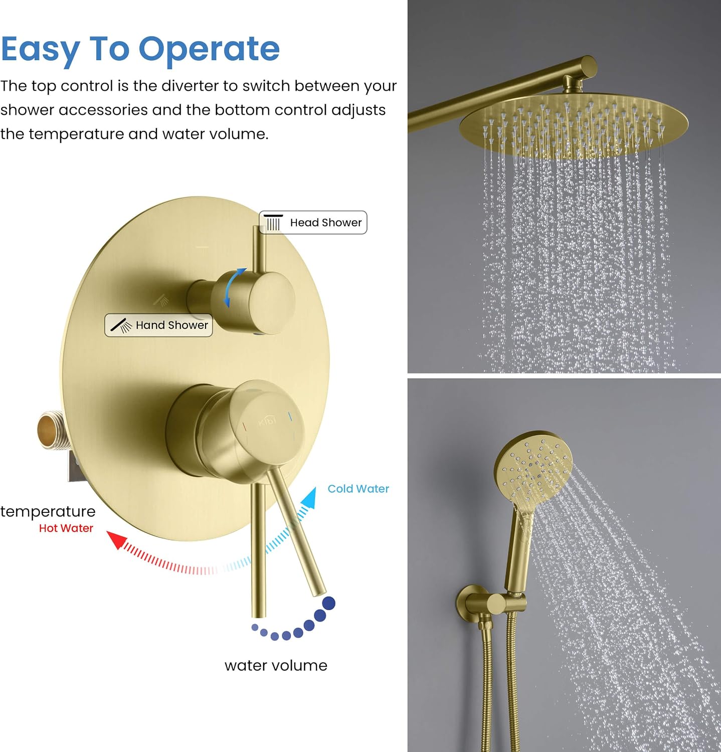 KIBI Circular Bathroom Shower System | 2-Function Wall Mounted Shower Faucet Set | Solid Brass Pressure Balanced Valve Construction | Durable and Leak-Free | Brushed Gold Finish (KSF403)