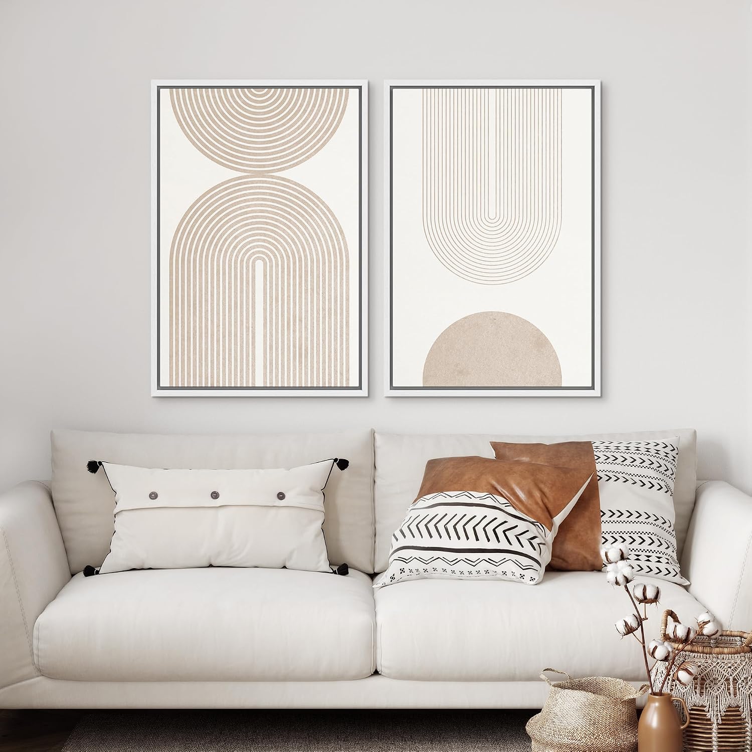 SIGNFORD Framed Canvas Print Wall Art Set Beige & White Duotone Geometric Spiral Polygons Abstract Shapes Illustrations Modern Art Decorative Minimalist Relax/Cozy for Bedroom - 24'x36'x2 White