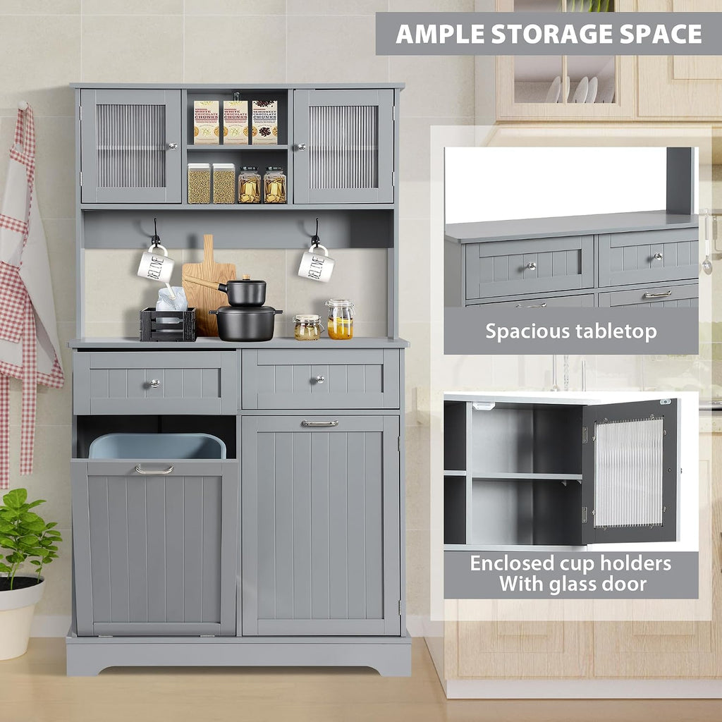 Tilt Out Trash Cabinet,Storage Cabinet,Two Solid Wood Hideaway Trash Holder Drawers,Wooden Freestanding Recycling Cabinets,Trash Can for Kitchen,Gray