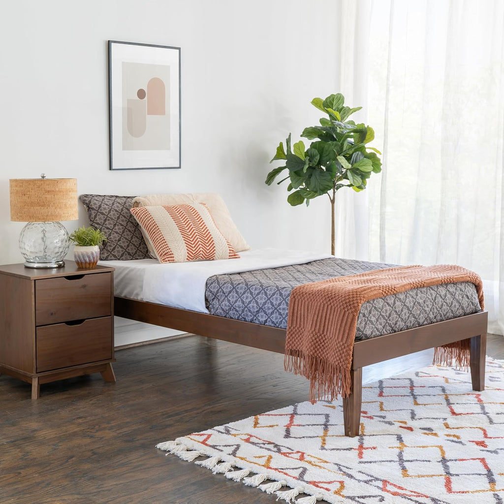 Powell Fordham Walnut Solid Pine Wood Twin Sized Platform Bed and Two Drawer Nightstand